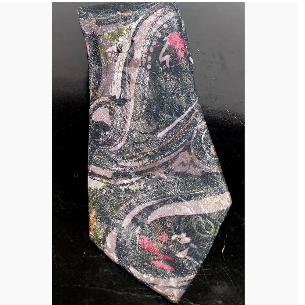 John Weitz Mens Big and Tall Paisley Tie Black Gray Pink Abstract Retro 60 Inch
